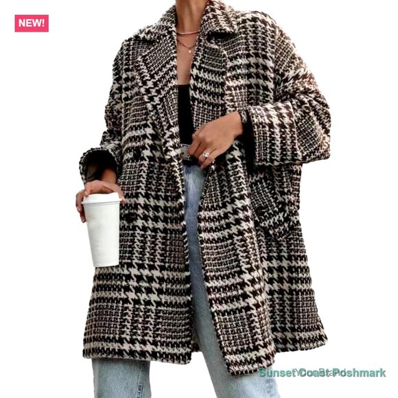 Polyester Blend Wool Pea Coat with Notch Lapel and Houndstooth Pattern